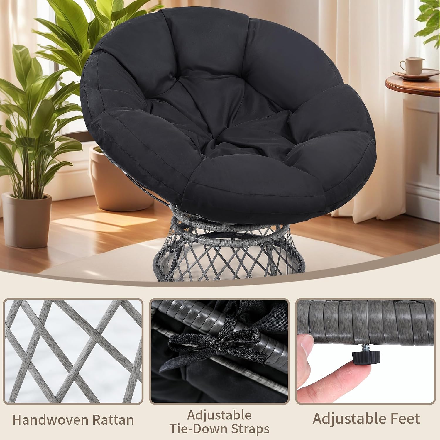KROFEM 46' Giant Oversized Rattan Papasan Chair with Cushion and Frame for Adults, Fluid 360° Swivel, Waterproof, Grey Frame with Black Cushion