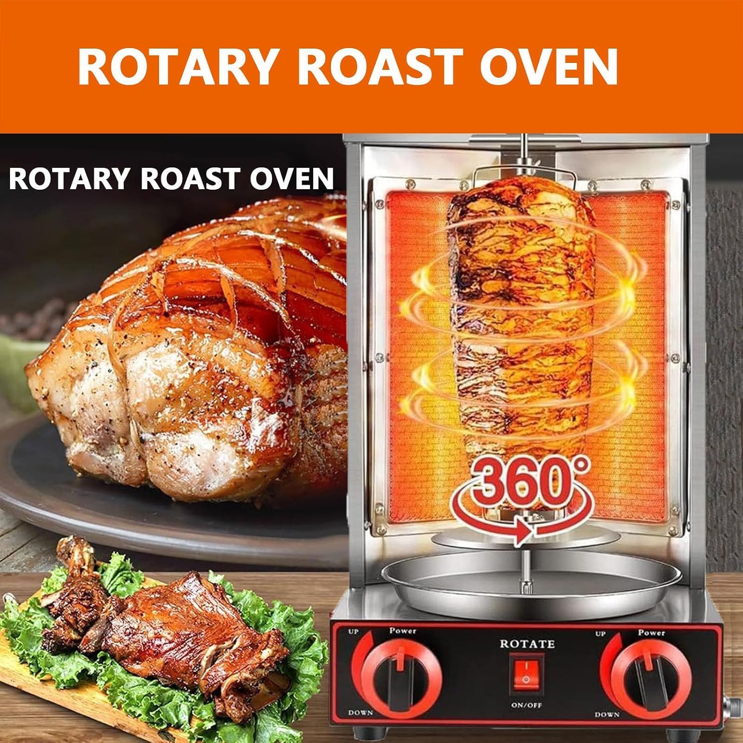 BBQ Meat Machine, Vertical Auto-Rotate Kebab Doner Grill with Meat Spatula,50-300℃ Temp Control, Stainless Steel Gas Broilers Rotisserie Oven