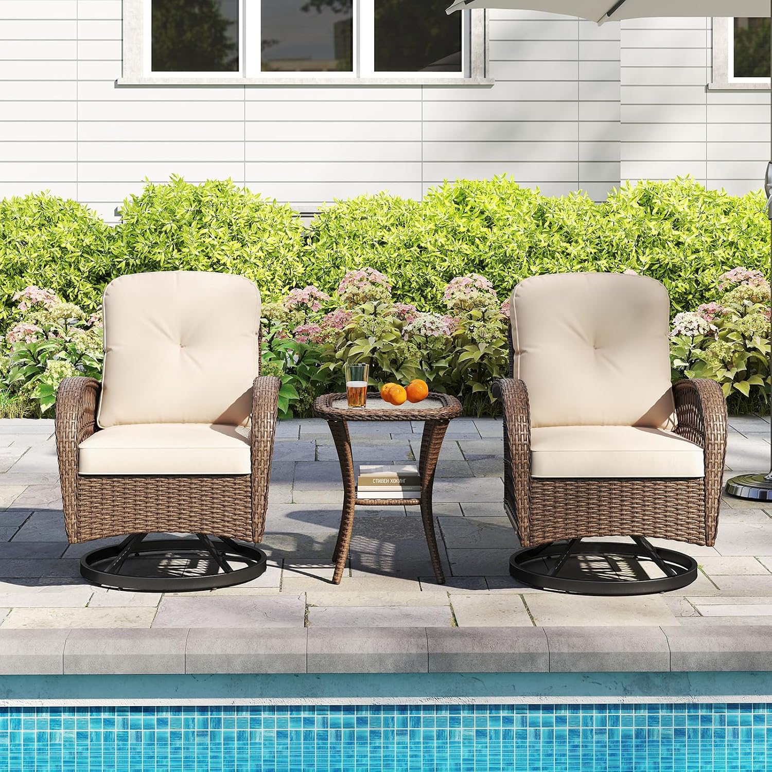 Tangkula 3 Piece Patio Swivel Rocker Set, 2 Outdoor Wicker Rocking Chairs with Tempered Glass Side Table, Outside Gliding Bistro Furniture Set with Thick Cushions for Porch, Yard, Balcony (Beige)
