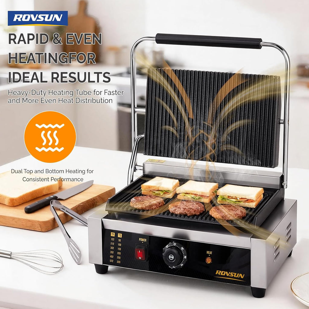 ROVSUN 811E Commercial Panini Press Grill, 2200W Stainless Steel Electric Countertop Sandwich Maker with Adjustable Temp 122°F–572°F, For Steak, Burgers, Home & Restaurant Use, 110V, Silver