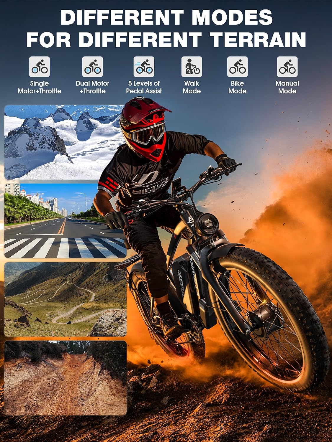 Electric Bike for Adults, Peak 5000W Ebike Dual Motor 52V32Ah 100Miles Range, 40-45MPH Electric Bike, 24'/26' x4.0 Fat Tire, Hydraulic Disc Brake, Electric Mountain Bicycle, UL 2849