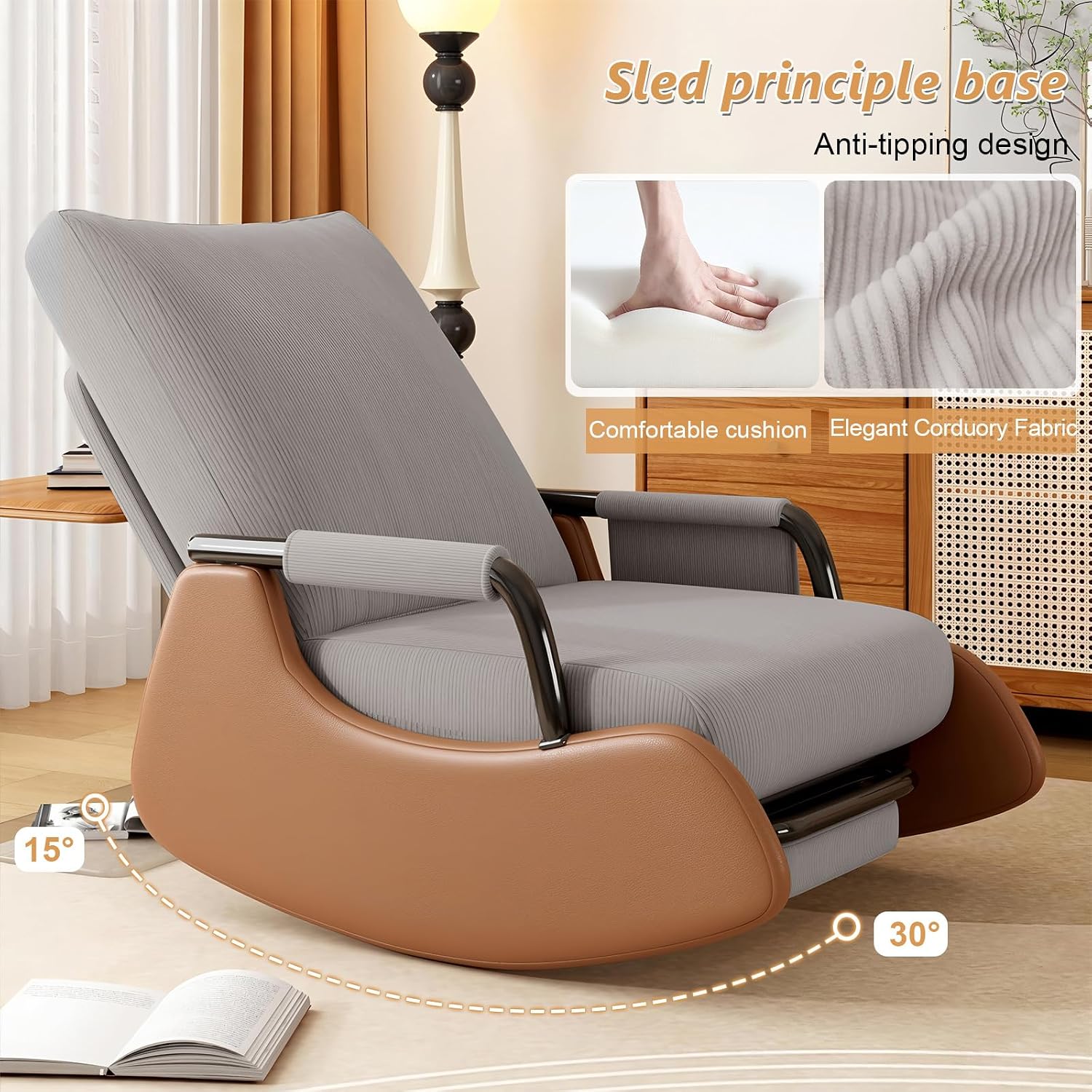 JPBSTO Rocking Chair Nursery, Upholstered Glider Rocking Chair with Side Pocket and Adjustable High Backrest, Foldable Rocker Recliner with Footrest Perfect for Living Room Bedroom, Grey