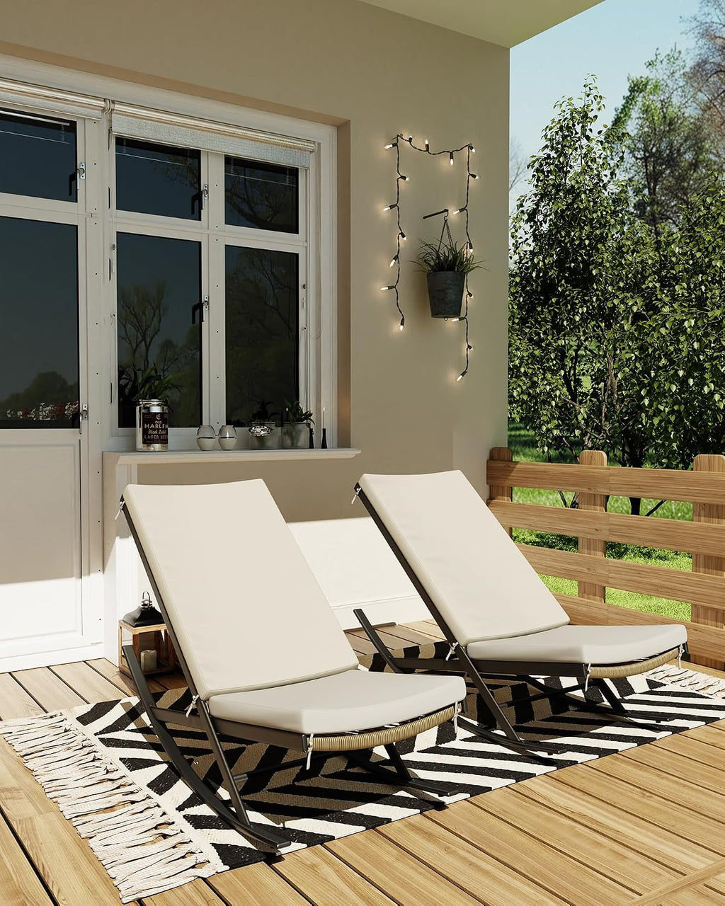 Rocking Chair Outdoor Set of 2 Patio Chairs Rocking Chairs Outdoor Lounge Rattan Chair for Outside Lawn with Cushions for Front Porch, Garden, Backyard, Lawn, Patio,Beige
