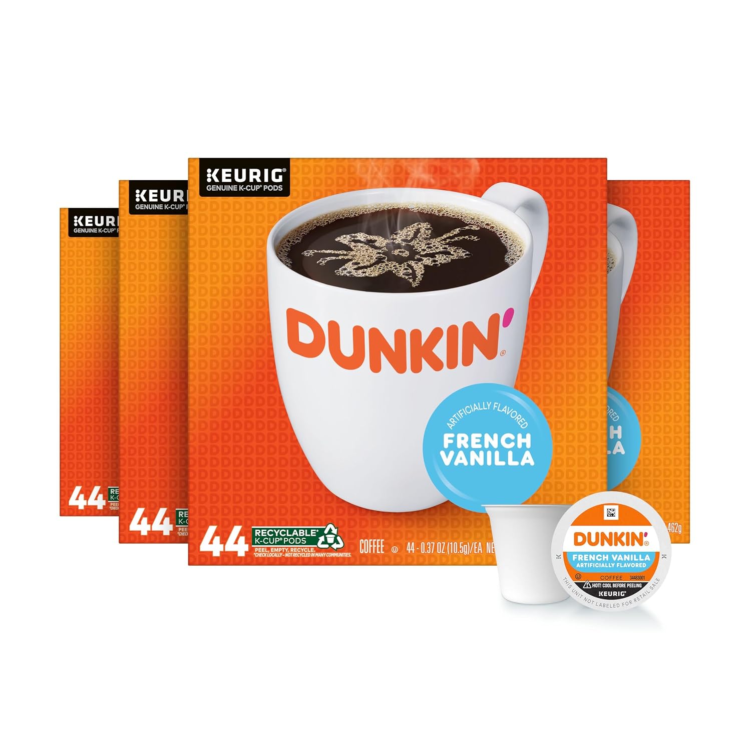 Dunkin' French Vanilla, Artificially Flavored Coffee, Keurig K-Cup Pods, 44 Count Boxes (Pack of 4)