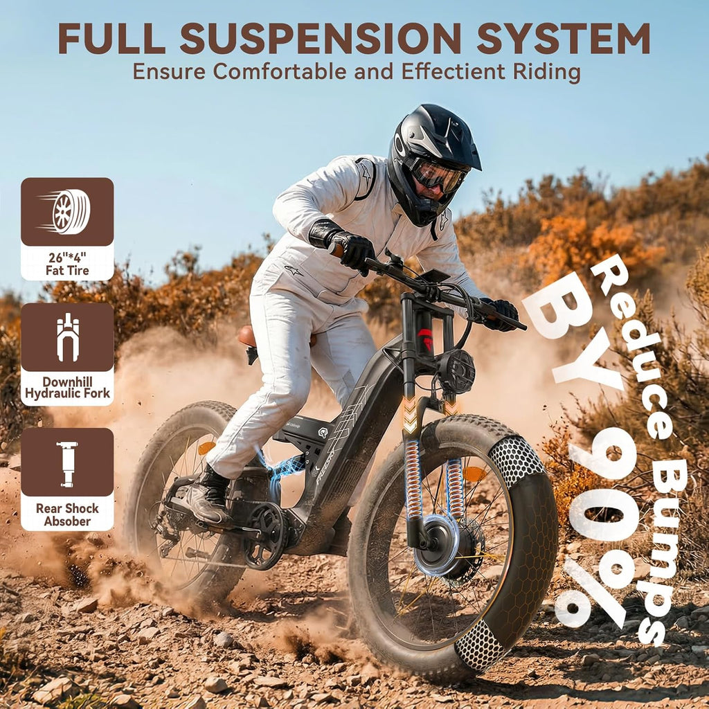 FREESKY 4000W Dual Motor Electric Bike for Adults, 48V 30AH Samsung Cells Battery 120Miles Range, 40MPH AWD Fast E-Bike, 26' Fat Tire Full Suspension Electric Mountain Bike, UL2849 Certified by TÜV
