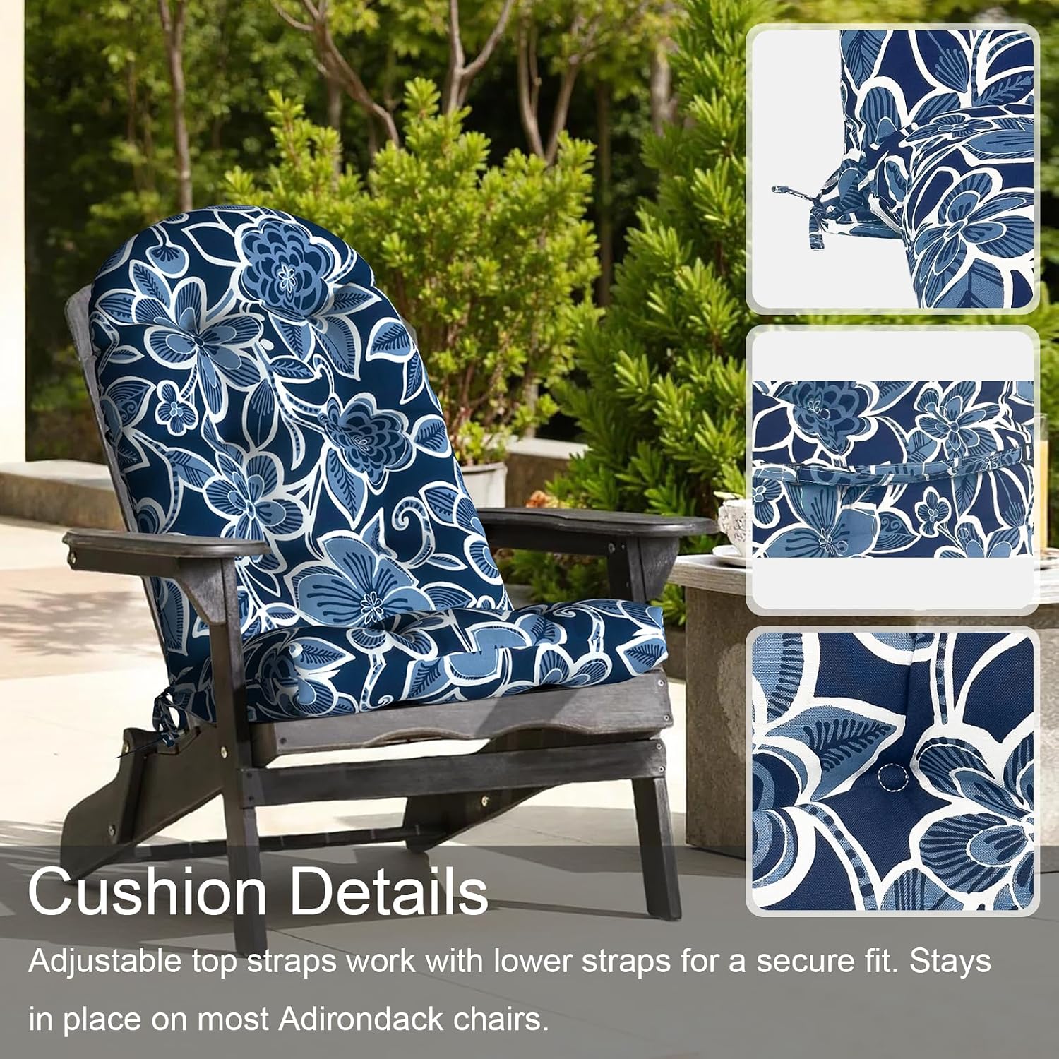 LVTXIII Outdoor Adirondack Chair Cushions, 44x19x4 Inch Non-Slip High Back Rocking Chair Cushion, Tufted Seat Cushion for Patio Furniture, Set of 2, Flower Navy