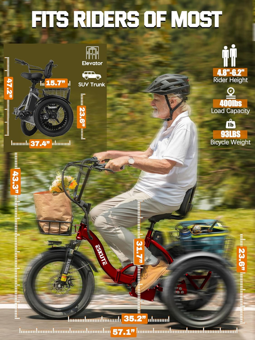 ESKUTE E Trike Electric Bike, Peak 1200W Brushless Motor Folding Trike 18X3.0 Fat Tire Ebike, 624Wh Removable Battery, Step-Thru 3 Wheel Electric Bicycle, Up to 55 Miles, 18MPH+ Tricycle for Adults