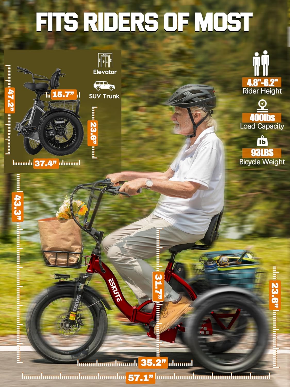 ESKUTE E Trike Electric Bike, Peak 1200W Brushless Motor Folding Trike 18X3.0 Fat Tire Ebike, 624Wh Removable Battery, Step-Thru 3 Wheel Electric Bicycle, Up to 55 Miles, 18MPH+ Tricycle for Adults