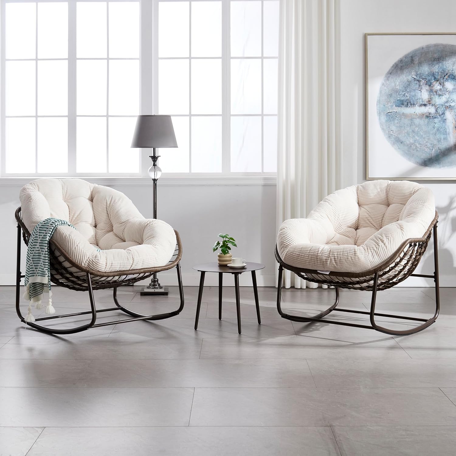 Ball & Cast Outdoor Patio Rocking Chair,Oversized Papasan Egg Chair with E-Coated,Padded Cushion,Recliner Chair for Indoor, Front Porch, Garden, Patio, Backyard,White