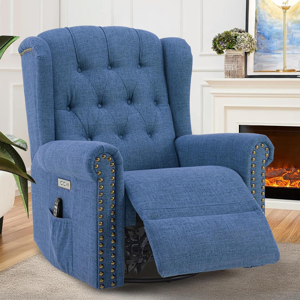 VIVIJASON Power Swivel Rocking Recliner Chair with Massage & Heat, Electric Rocker Glider Chair for Nursery, Wingback Tufted Upholstered Recliner W/Type-C & USB Ports for Living Room, Bedroom, Blue
