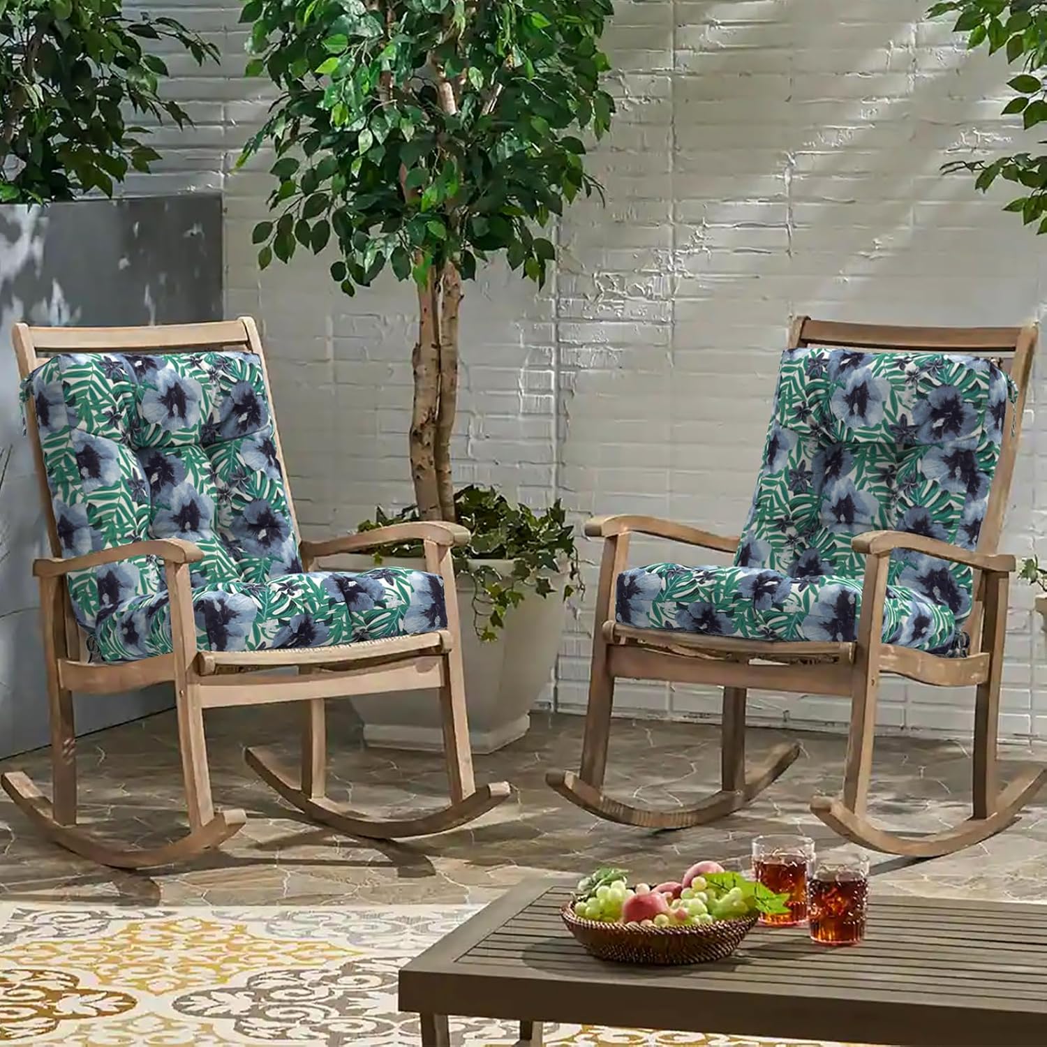 Outdoor Seat Chair Cushions, Tufted Back Patio Furniture Cushions Set of 2, Water Repellent Wicker Replacement for Home Garden Chairs, 42x21x4 Inch, Blue Salmone Tropical