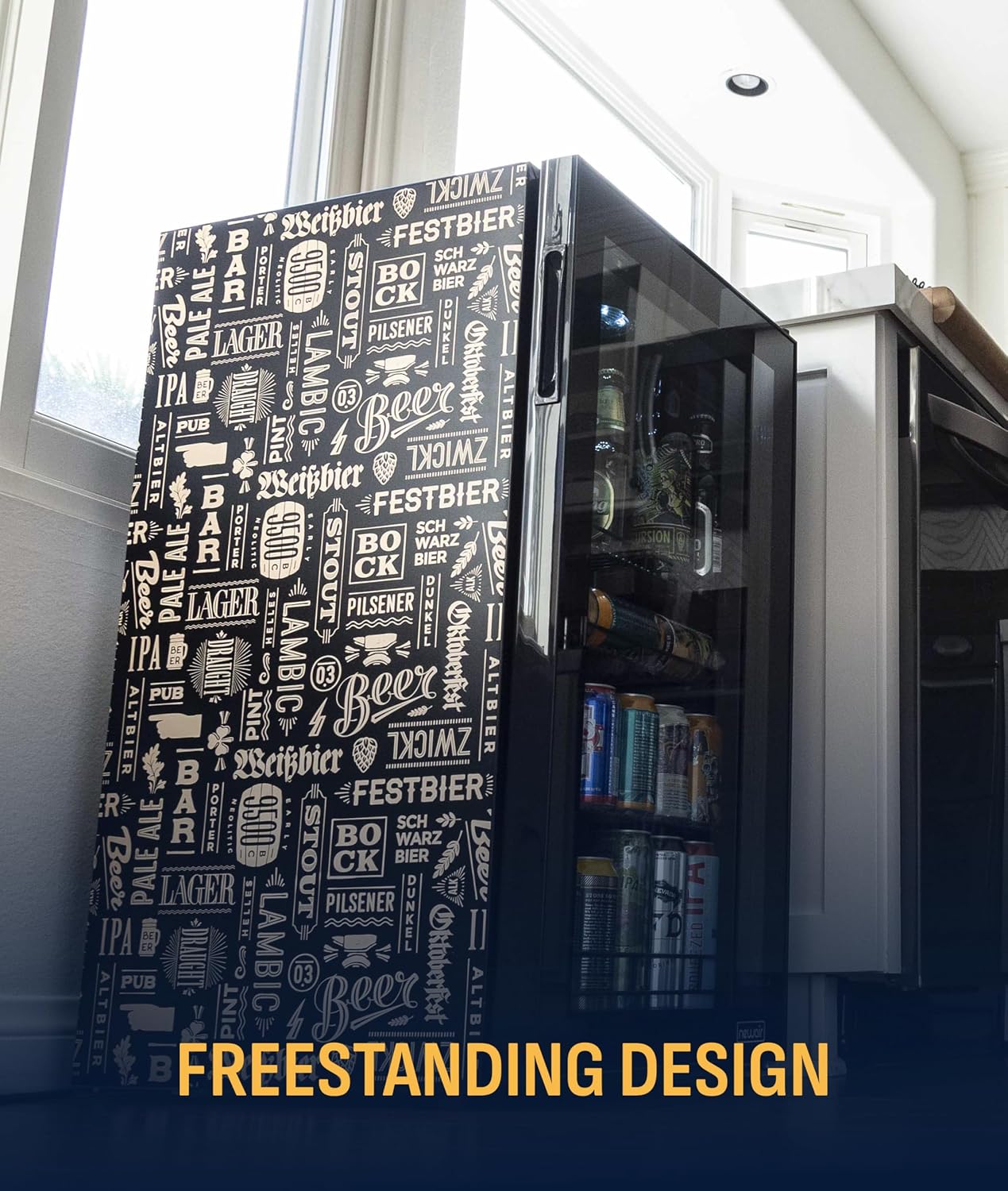 NewAir 126 Can Beverage Refrigerator | Freestanding Mini Fridge for Home Bar or Office | SplitShelf Storage, 32°F Cooling & LED Lighting | 'Beers of the World' Design