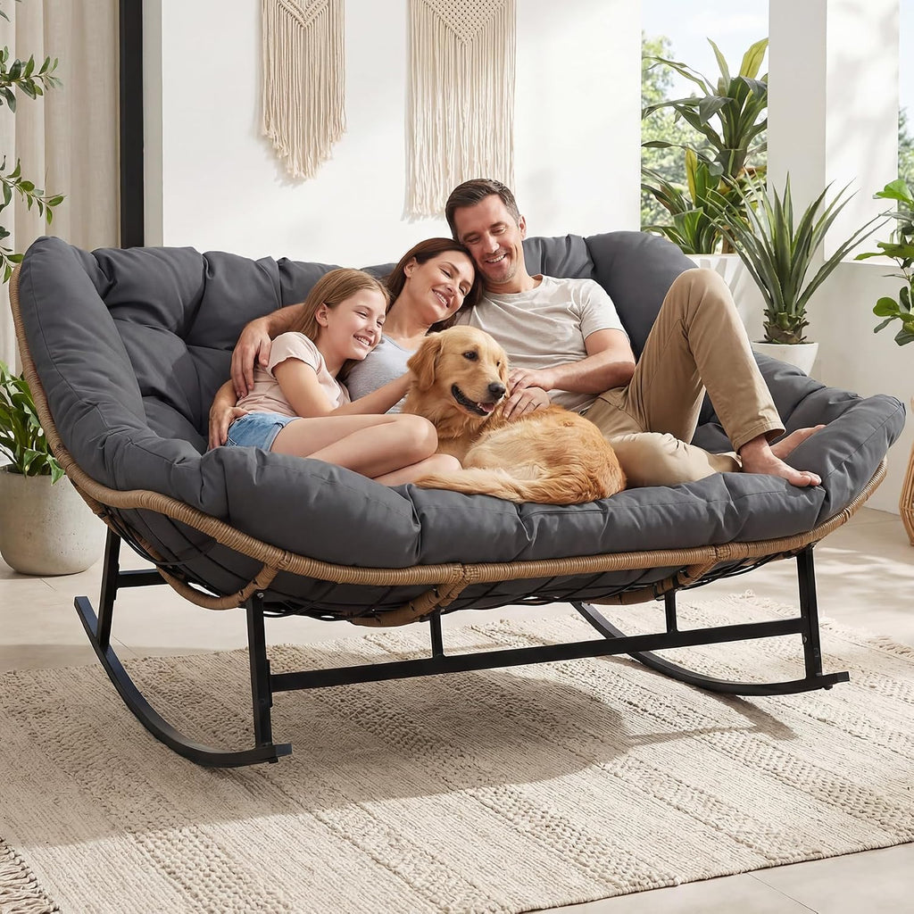 RADIATA Double Rocking Chair Outdoor, Oversized 2 Person Lounge Chair with Thick Cushion, All-Weather PE Rattan Frame, Heavy Duty Large Reclining Loveseat for Patio, Backyard, Bedroom