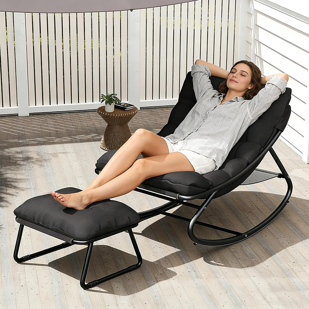 Outdoor Papasan Rocking Chair with Cushion, Oversized Rocking Chair with Ottoman, Modern Cozy Lounge Rocker Chair, Comfy Egg Chairs for Indoor Balcony Porch Patio, Black