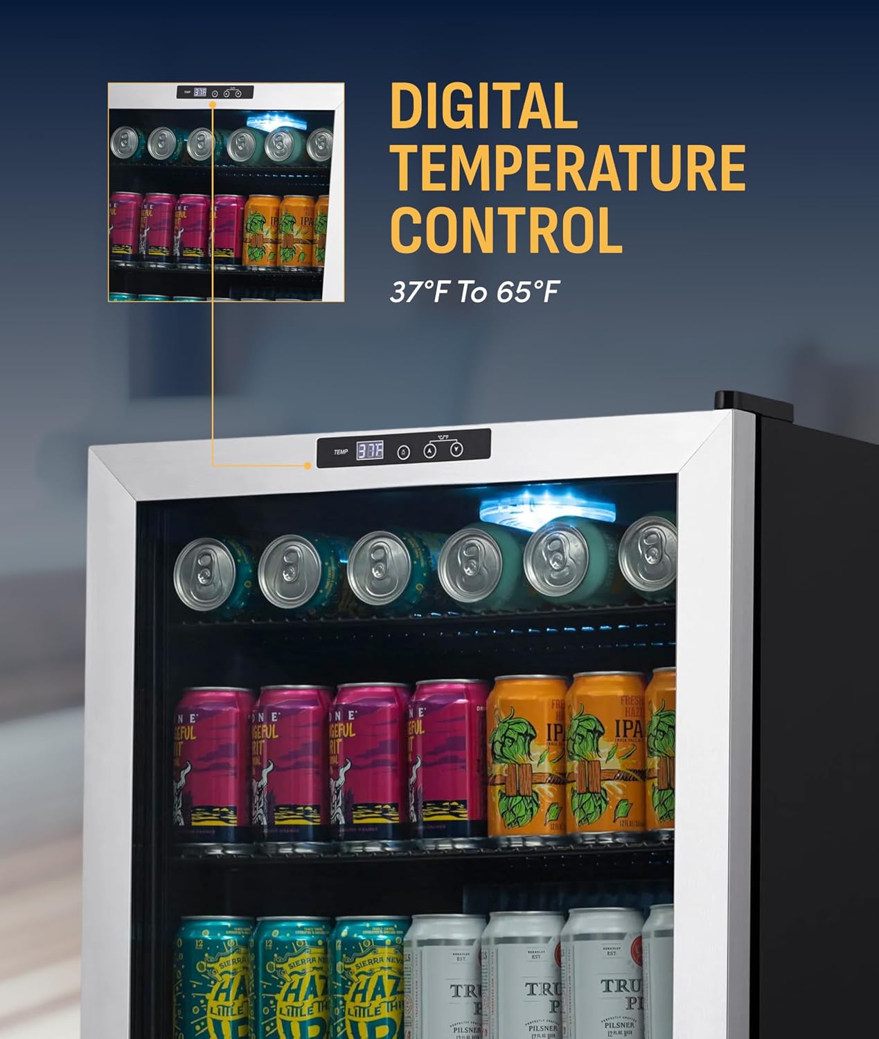 NewAir 160 Can Beverage Refrigerator | Freestanding Small Mini Fridge for Bedroom, Home Bar or Living Room | SplitShelf Storage, Digital Thermostat & LED Light | Stainless Steel