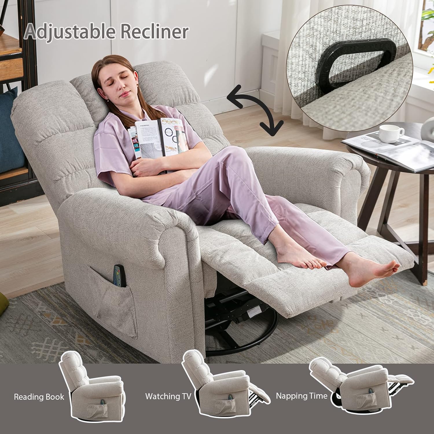 ANJ 360°Swivel Rocker Recliner Chair with Massage and Heat, Manual Overstuffed Oversized Swivel Recliners for Big Man, Large Glider Rocking Reclining Chairs for Nursery, Living Room, Beige