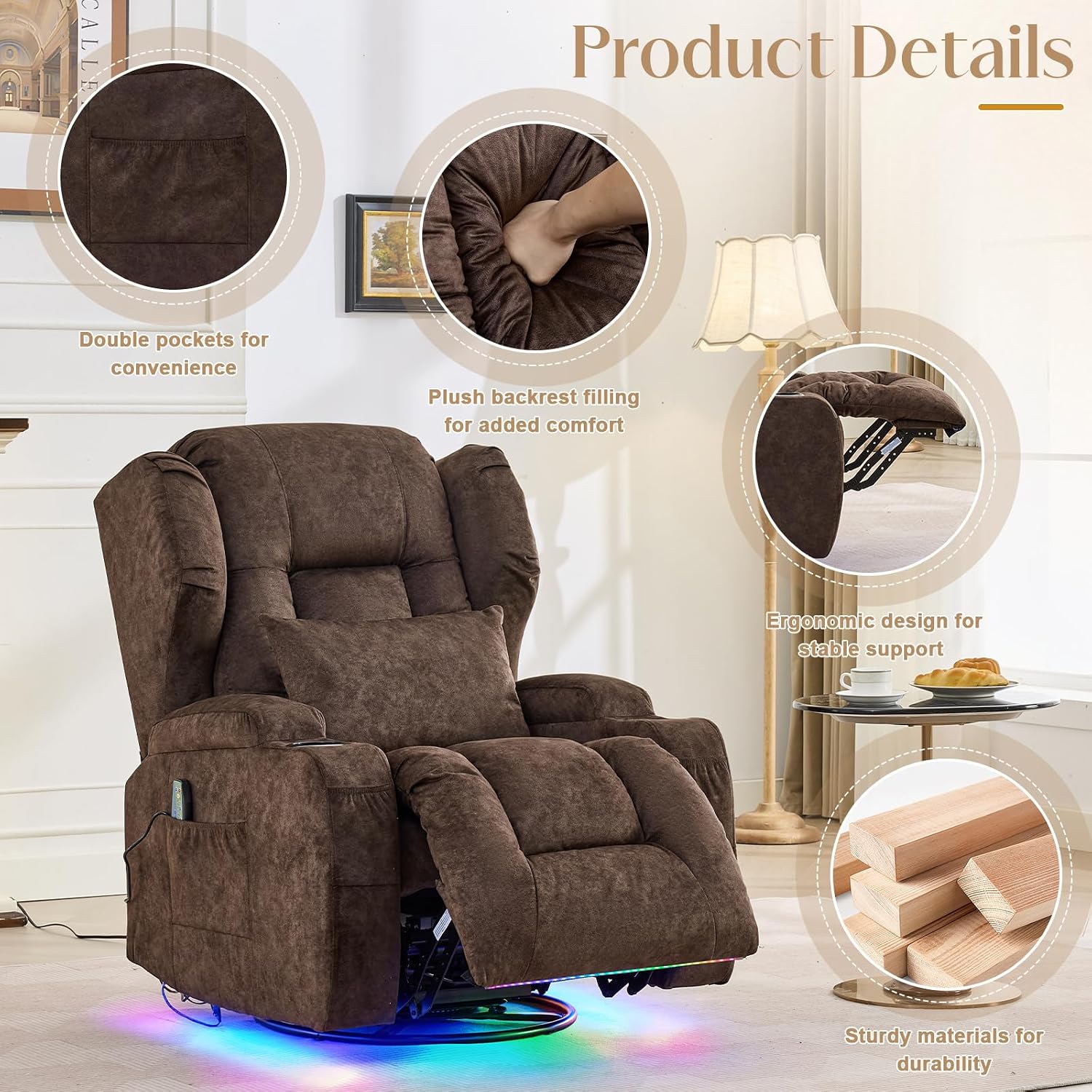 Power Swivel Rocker Recliner Chair with Massage & Heat, Dual Motor Electric Glider Rocking Recliner with USB Ports, Cup Holders & LED Light for Living Room, Home Theater (Brown)