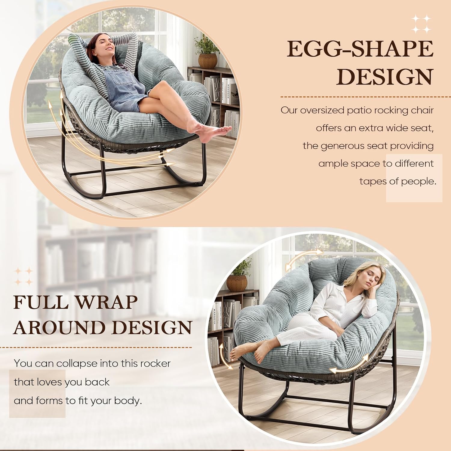 Outdoor Indoor Rocking Chair Set of 2, Oversized Patio Papasan Egg Chair with Padded Cushion, All Weather Wicker Egg Rocking Chairs, Comfy Large Rattan Rocker Lounge for Porch,Garden