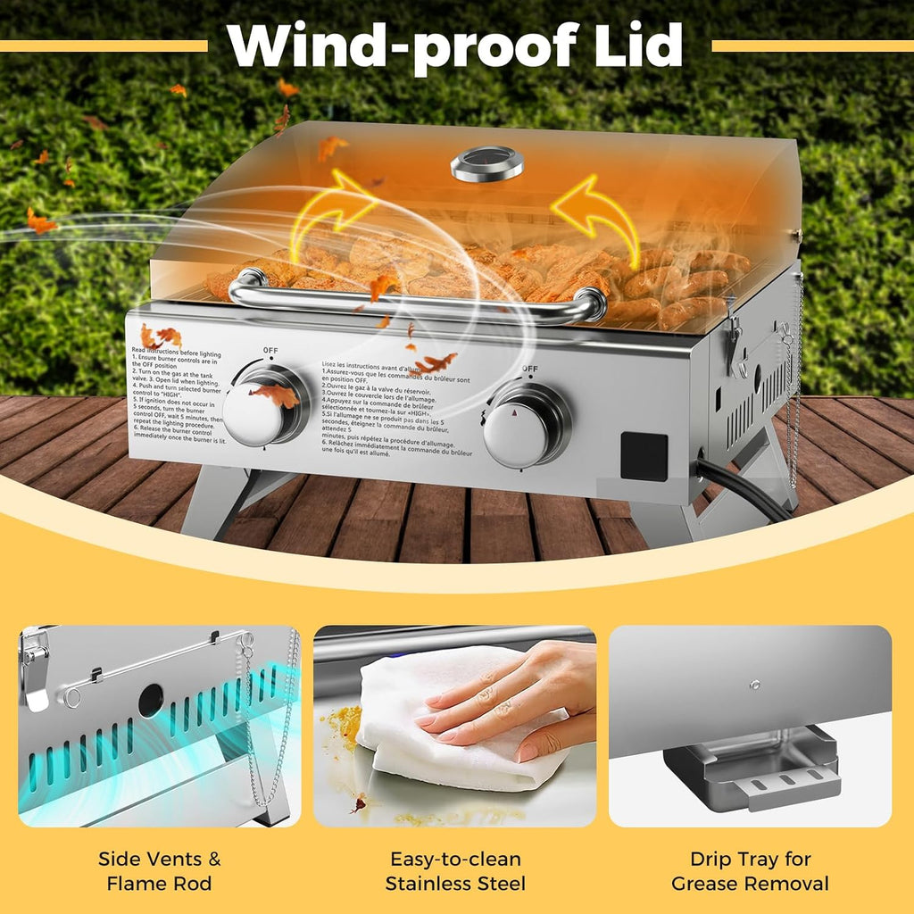 Happygrill Portable Gas Grill Stainless Steel Propane Grill Two-Burner Outdoor BBQ Grill with Foldable Leg for Camping Picnics, 20,000 BTU