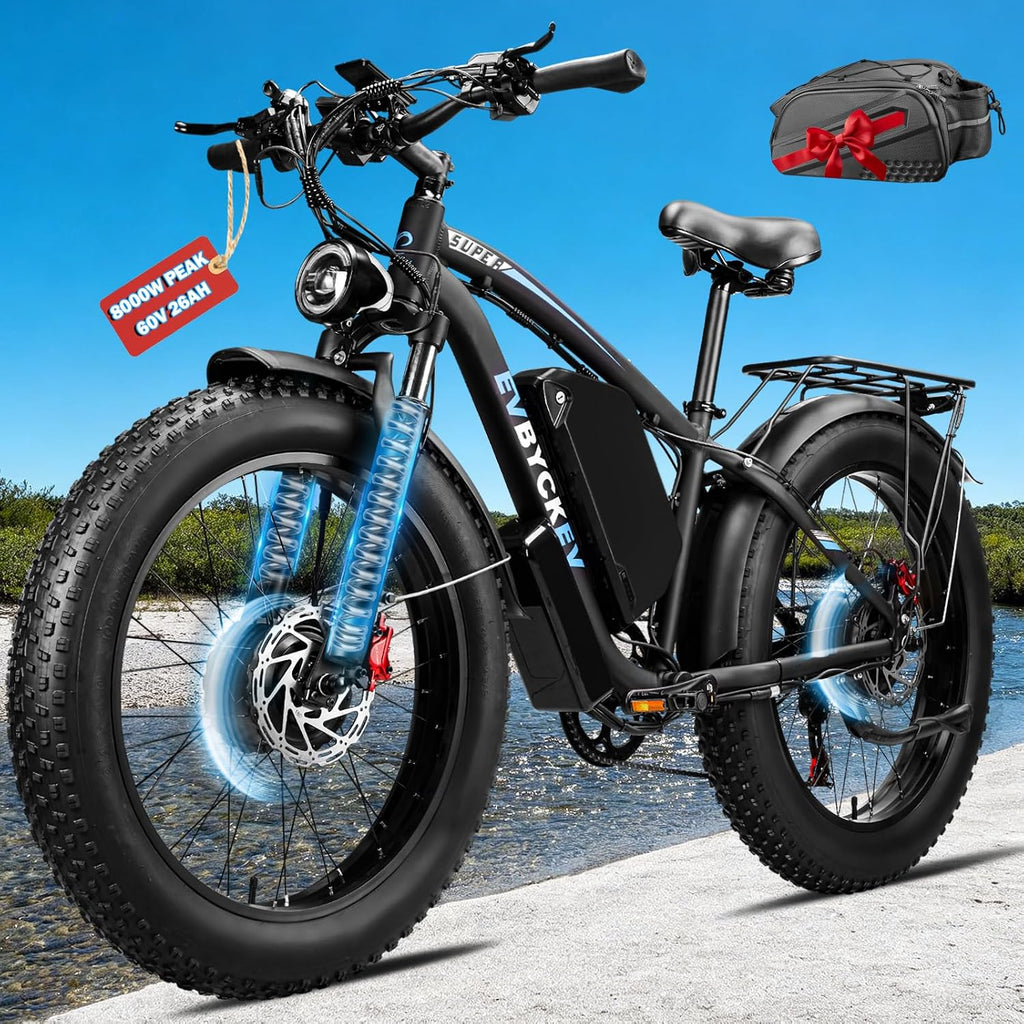 60V Electric Bike,8000W Peak1768WH Dual Motor Ebike for Adults,42-47MPH Up to 100Miles Fast Mountain Ebike, 24Inches Fat Tire E Bike,Lockable Suspension E-Bike for Snow Hunting Off-Road Sand