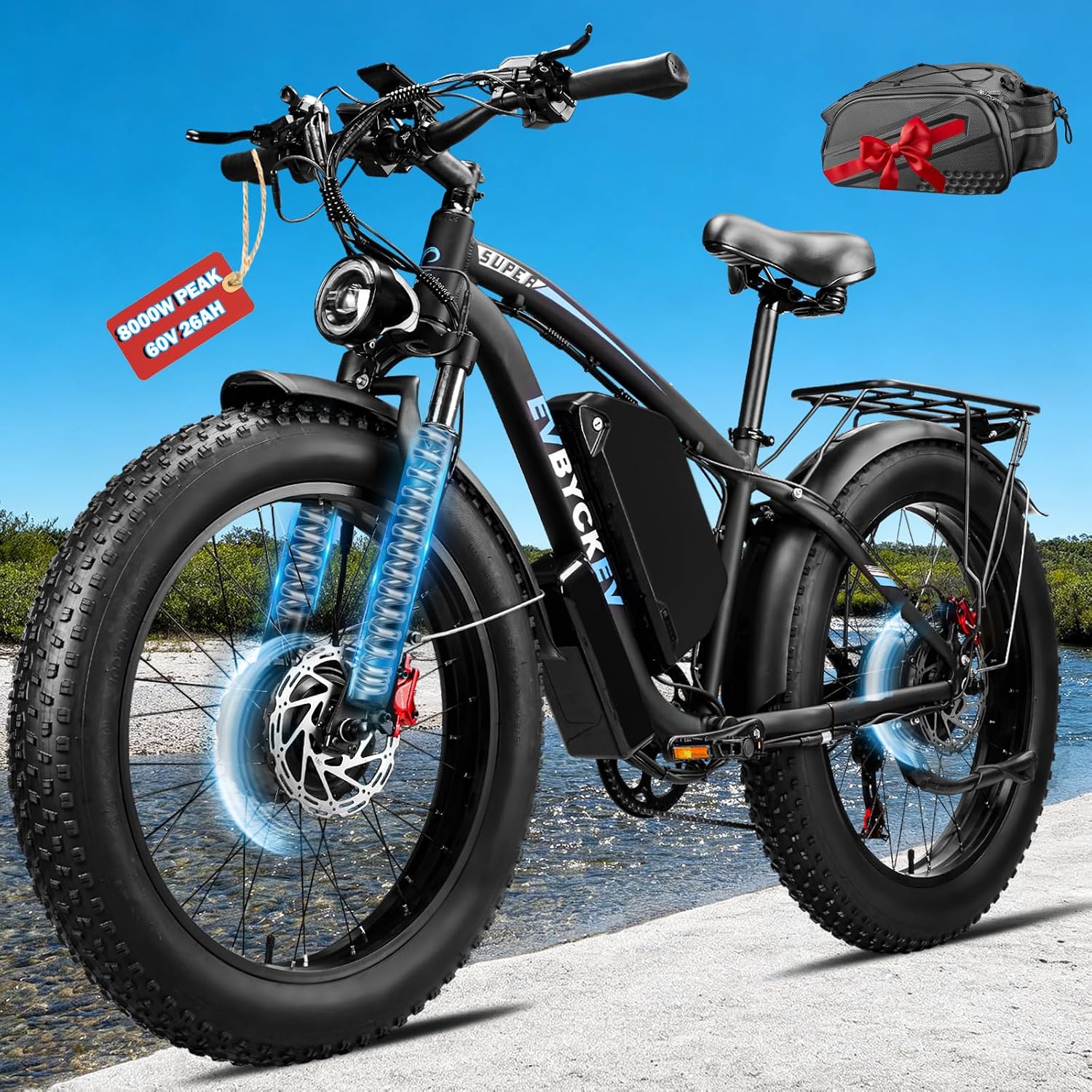 60V Electric Bike,8000W Peak1768WH Dual Motor Ebike for Adults,42-47MPH Up to 100Miles Fast Mountain Ebike, 24Inches Fat Tire E Bike,Lockable Suspension E-Bike for Snow Hunting Off-Road Sand