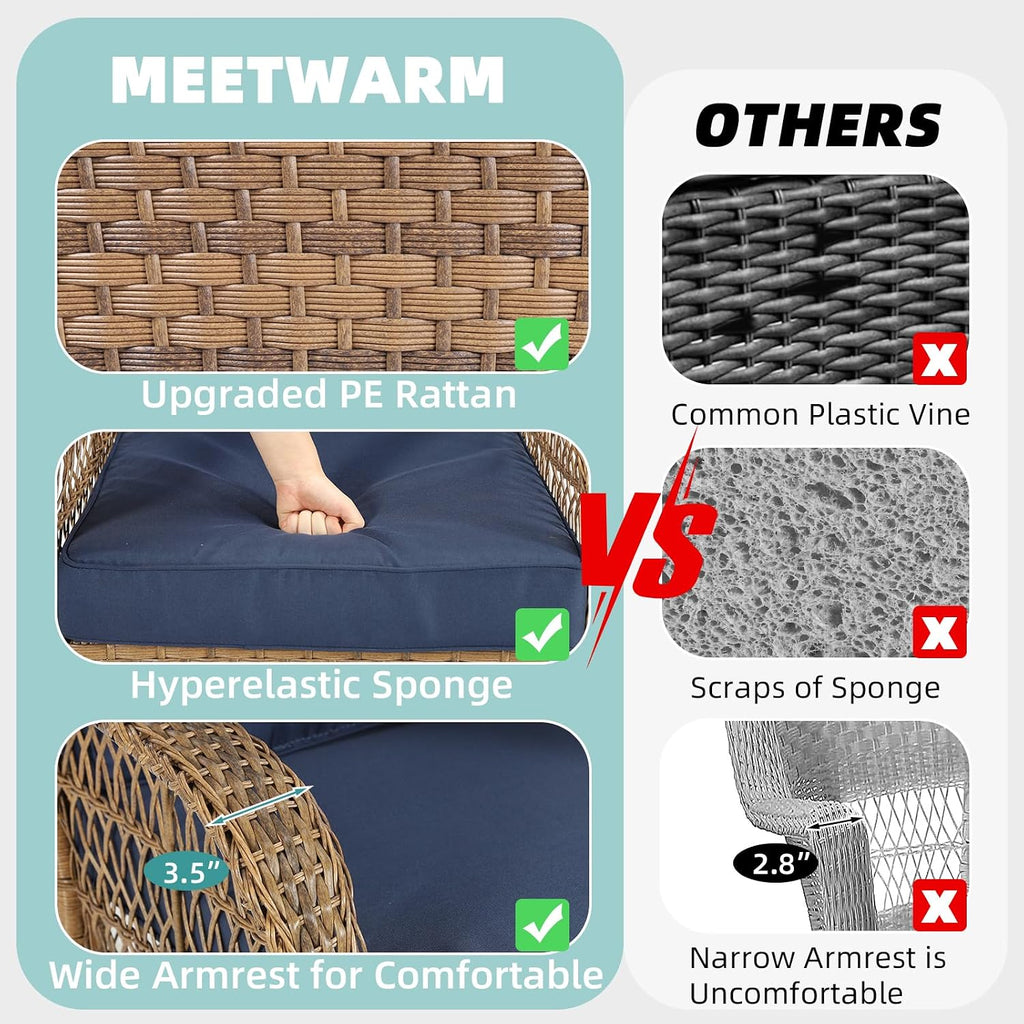 MEETWARM Outdoor Wicker Rocking Chair, Rattan Patio Rocker Chairs with Cushions and High Back, All-Weather Patio Wicker Chair with Safe Rocking Design for Garden Backyard Porch, Brown/Navy Blue