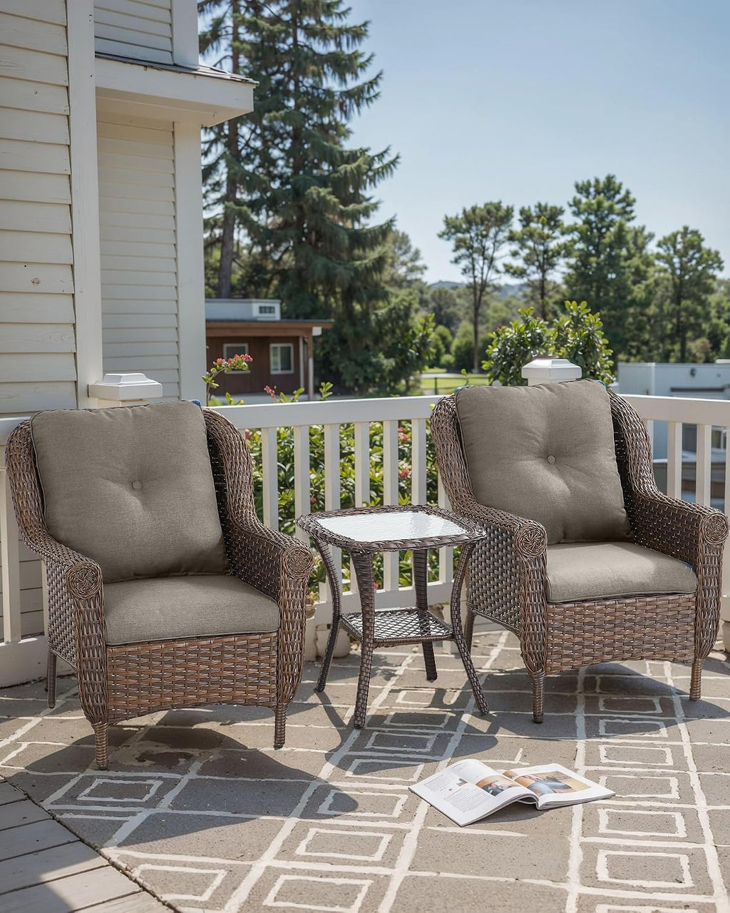 Patio Wicker Chairs Outdoor Furniture Chair - Set of 2 Outside All Weather Lawn Dining Brown Rattan Armchair with High Back&Deep Seating for Deck Porch Balcony Backyard Garden - Grey