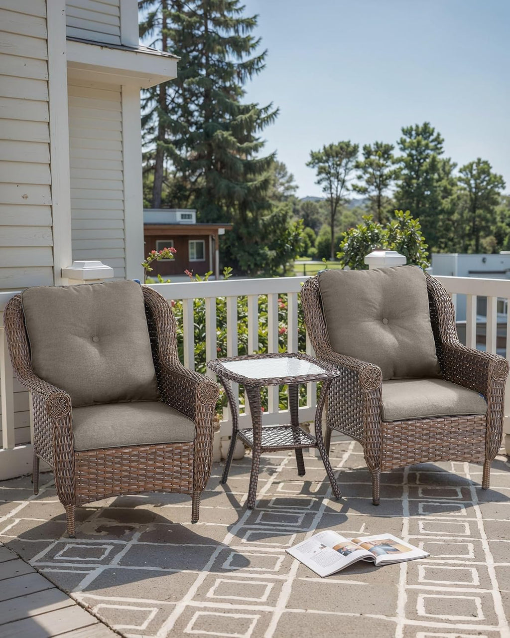 3 Piece Patio Brown Wicker Chairs with Side Table - Outdoor High Back Heavy Duty All-Weather Lawn Dining Rattan Chair Conversation Bistro Set for Deck Porch Balcony Backyard Garden - Grey