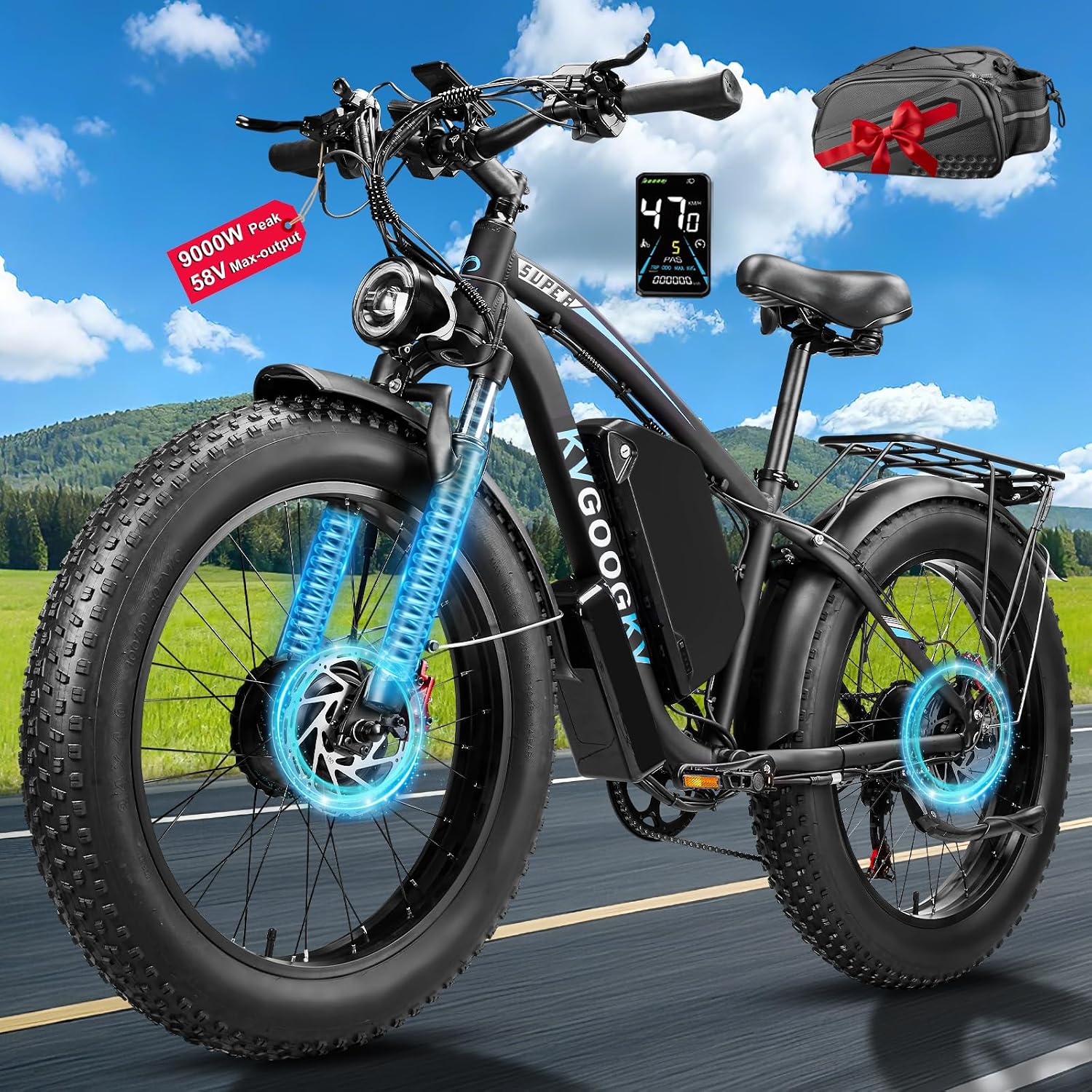 9000W Peak Dual Motor Ebike for Adults 47 MPH Fast Electric Bike, 58V Max-Output 1972 Wh Up to 105 Miles Ebikes,24' Fat Tire E-Bike,Front Suspension Electric Bicycle for Mountain Commuter Snow