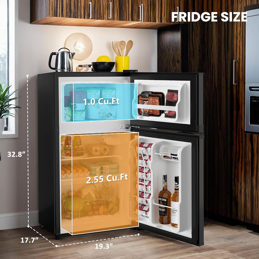 Manastin 3.55 Cu.Ft Mini Fridge with Freezer, 2-Door Small Refrigerator with Adjustable Thermostat, Quiet Mini Refrigerator for Bedroom, Dorm & Office (Black)