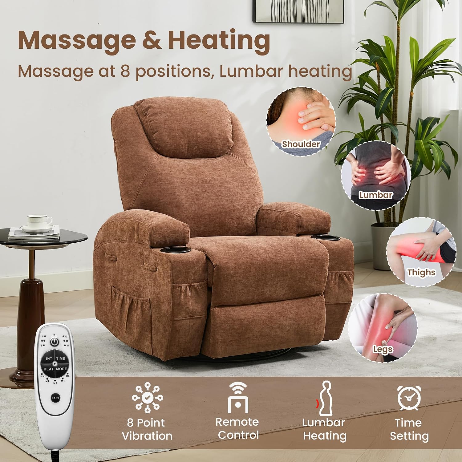 GarveeHome Recliner Chair, 360 Swivel Rocker Recliner Chair for Adults with Massage and Heat, Manual Glider Rocking Chairs for Living Room, Nursery