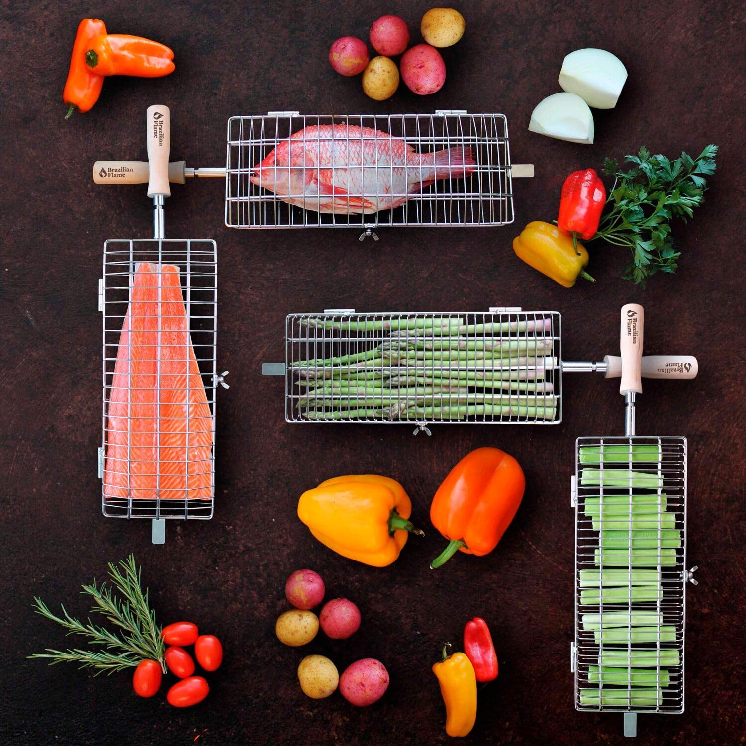 Brazilian Flame Rotisserie Baskets Compatible with 3 Skewer and 5 Skewer Portable Gas Rotisserie BBQ Grills for Roasting Corn on The Cob, Potatoes, Shrimp, Hot Dogs, Burgers, and Steaks, Set of 3