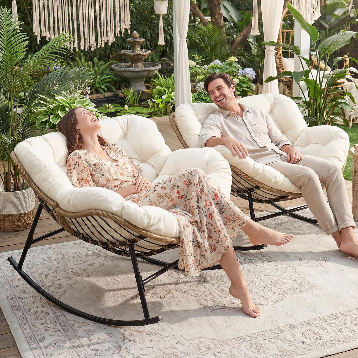 NICESOUL Outdoor Rocking Papasan Chair Set of 2 with Cushions, Comfy Oversized Padded Rockers, 2 Person Wicker Egg Gliders, 450Lbs Wide Recliner Lounge for Bedroom, Living Room, Porch, Balcony