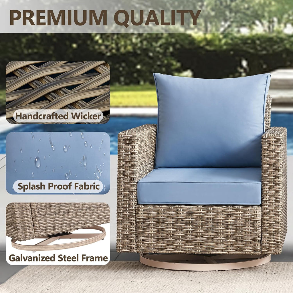 Swivel Rocking Chairs with Comfortable Cushion, PE Wicker Rattan Swivel Chairs, Set of 2 with Cushions for Poolside, Garden, Backyard, Blue
