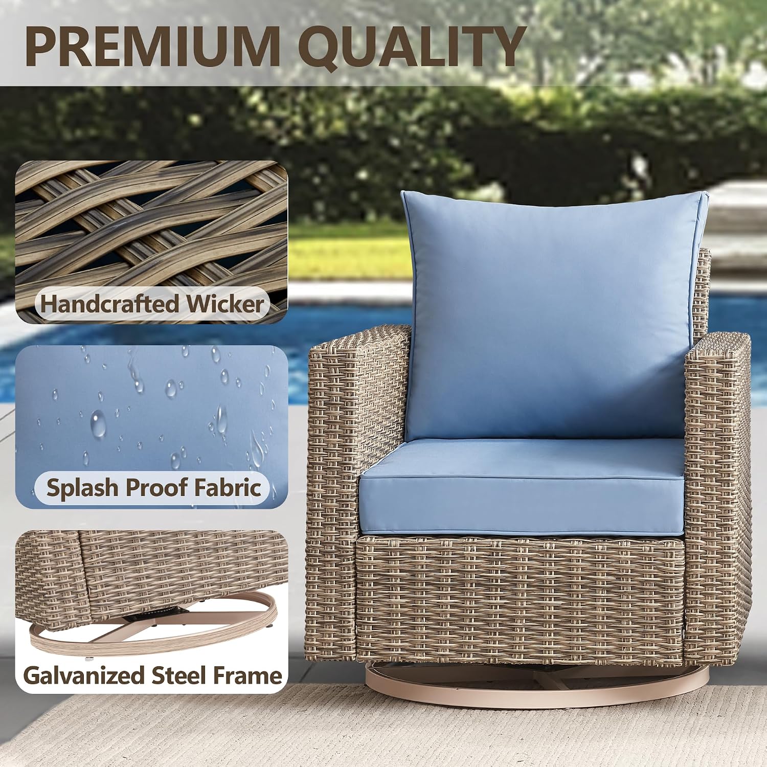 Swivel Rocking Chairs with Comfortable Cushion, PE Wicker Rattan Swivel Chairs, Set of 2 with Cushions for Poolside, Garden, Backyard, Blue