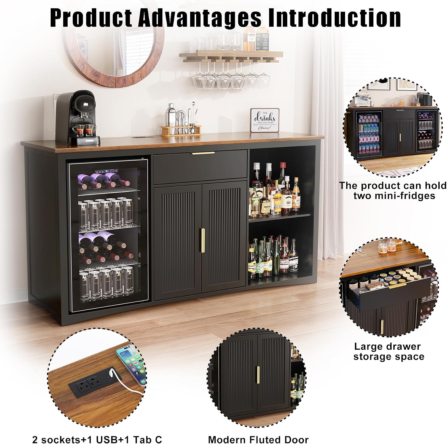 GDLF 70.1' Long Coffee Bar Cabinet with Fridge Space, Modern Wine Liquor Cabinet with Storage & Power Outlet, Buffet Sideboard with Fluted Doors for Home, Black