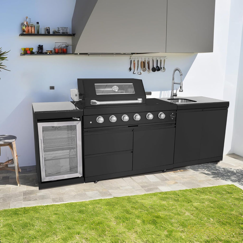 104' Natural Gas Outdoor Kitchen Island - 46-Inch 4-Burner 72,000 BTU Deluxe Stainless Steel Grill Wine Cooler Compact Refrigerator Rotisserie Granite Countertops Stainless steel Sink,Black