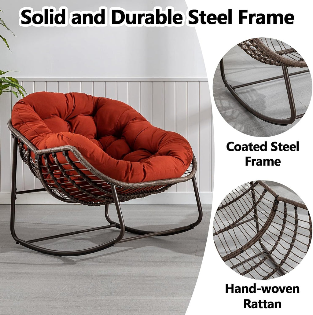 37' Papasan Rocking Chair with Cushion and Steel Frame, Oversized Outdoor Egg Rocking Chair, Rattan Circle Chairs for Grand Patio and Garden (Orange)