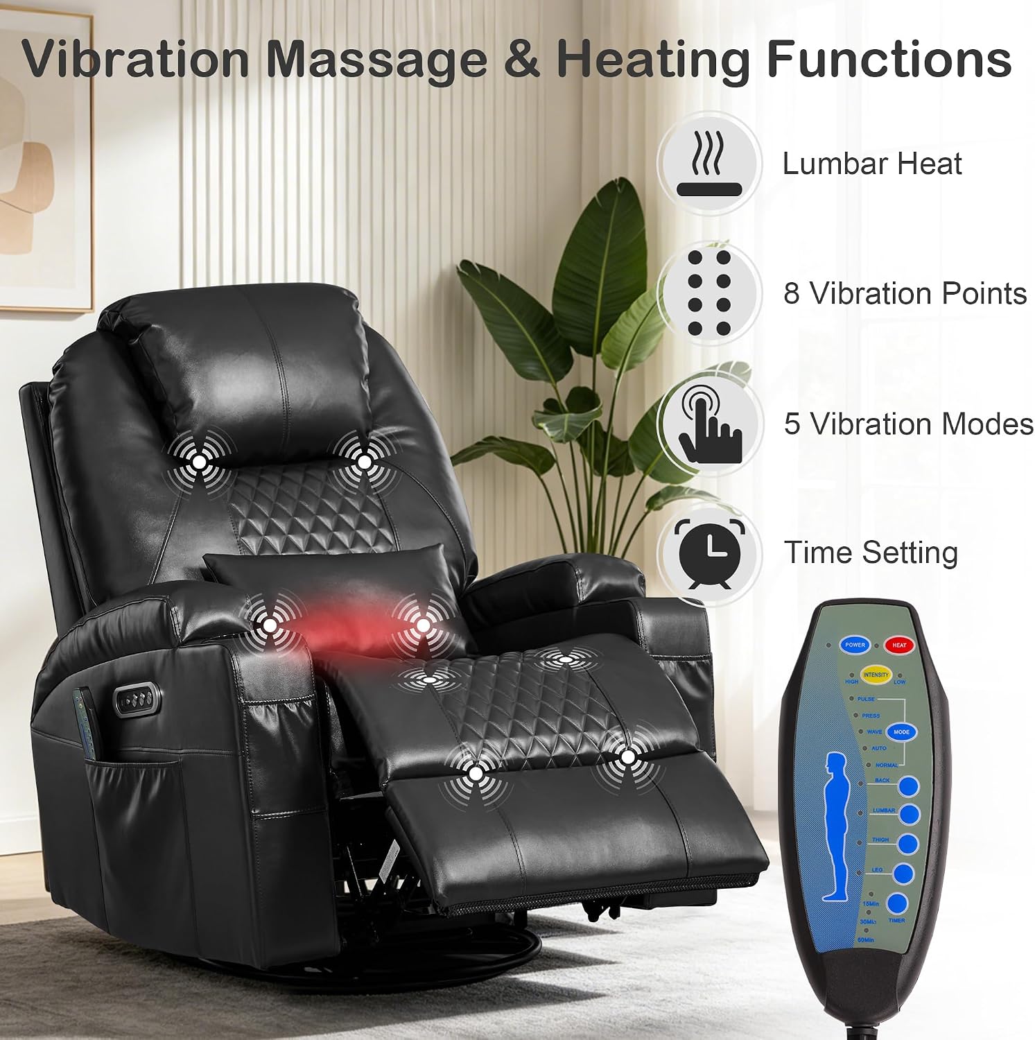 Power Swivel Rocker Recliner with Dual Motor, 240° Electric Glider Recliner with Heat & Massage, Rocking Chair Theater Seating with LED/Lumbar Pillow/USB Port/Cup Holders（Faux Leather Black, 1）