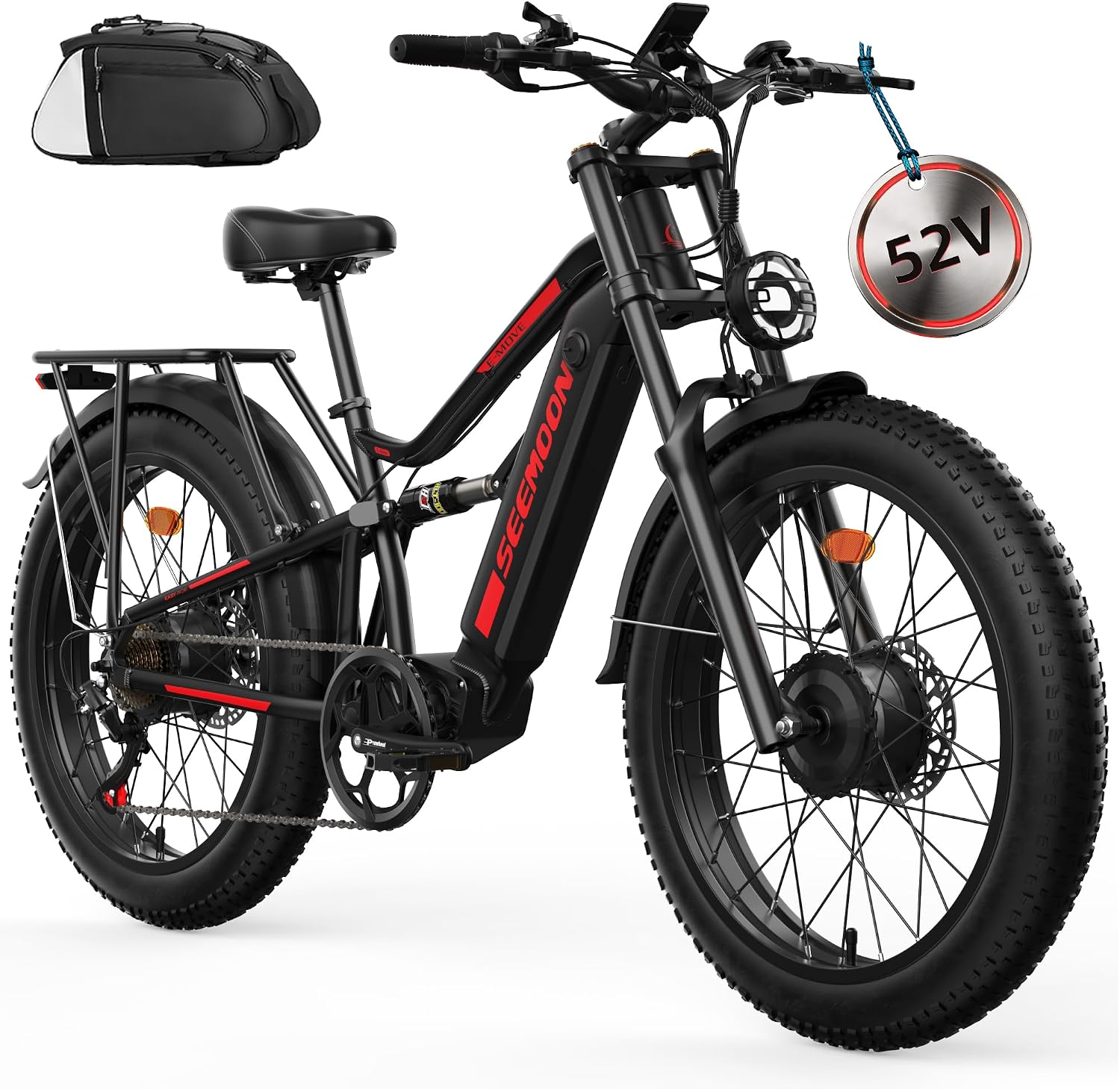 Seemoon 4000W Dual Motor Electric Bike for Adults,36 MPH Max up to100-Miles,52V 20Ah Battery & 160 Nm ,26' Fat Tire Mountain Ebike for Men Women,Full Suspension E-bike for Commuter Hunting Off-Road