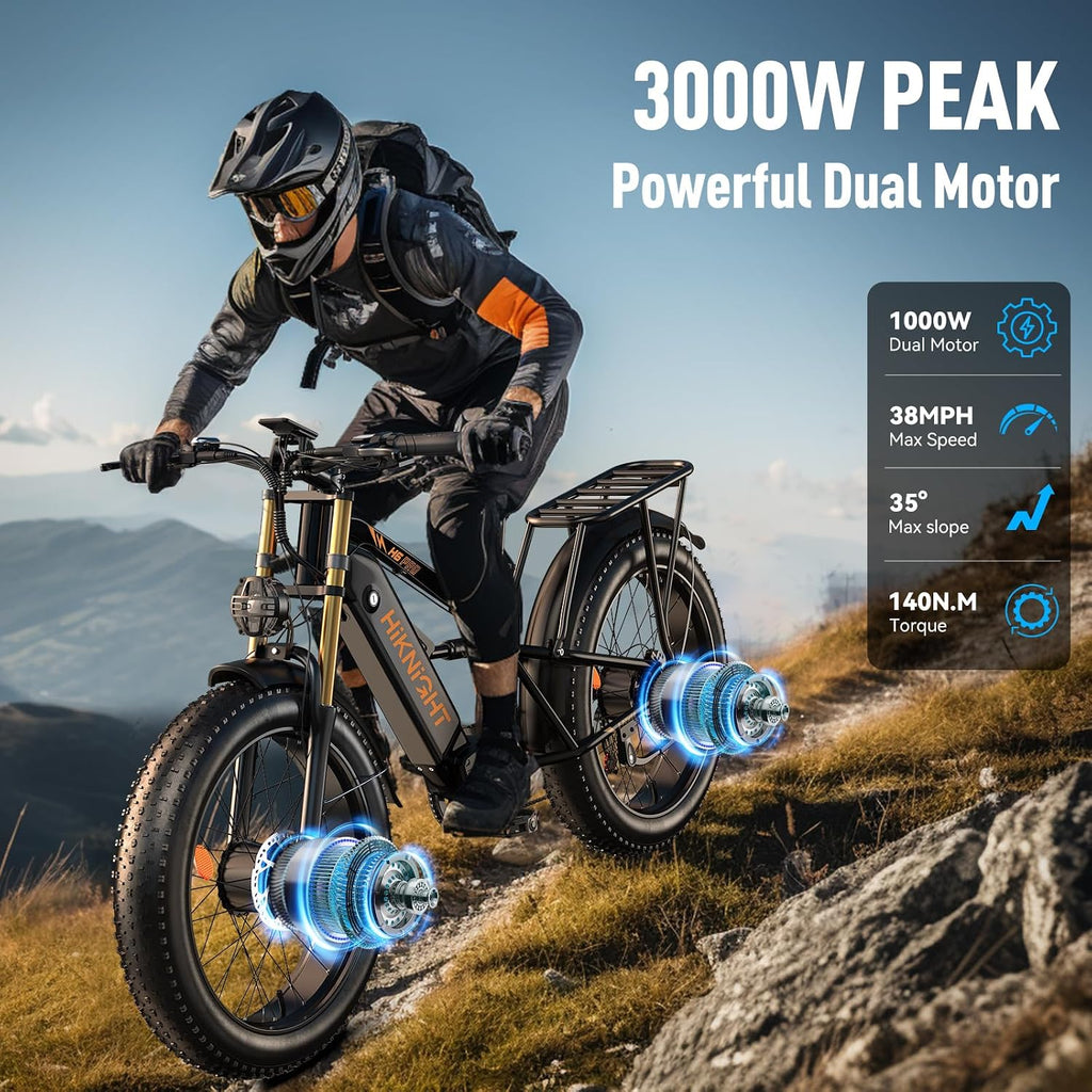 Dual Motor Electric Bike Peak 3000W, 52V 20AH Battery E Bike for Adults 26 Inch Fat Tire Mountain Electric Bicycle 38 MPH, Full Suspension Dual Hydraulic Disc Brake