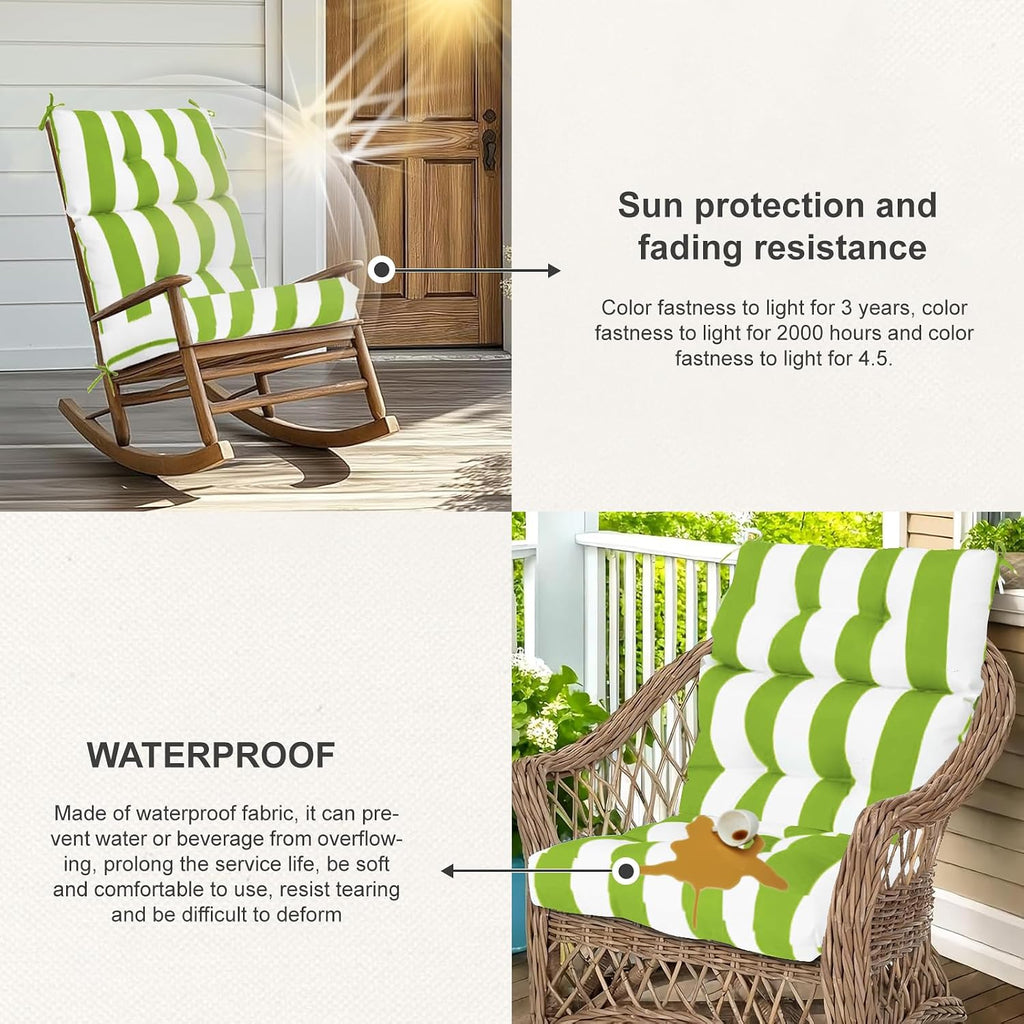 Outdoor High Back Chair Cushions 2-Pack, 44'x22'x 4' Fade-Resistant Waterproof Tufted Pads with Ties for Patio Rocking & Adirondack Chairs (Green White)