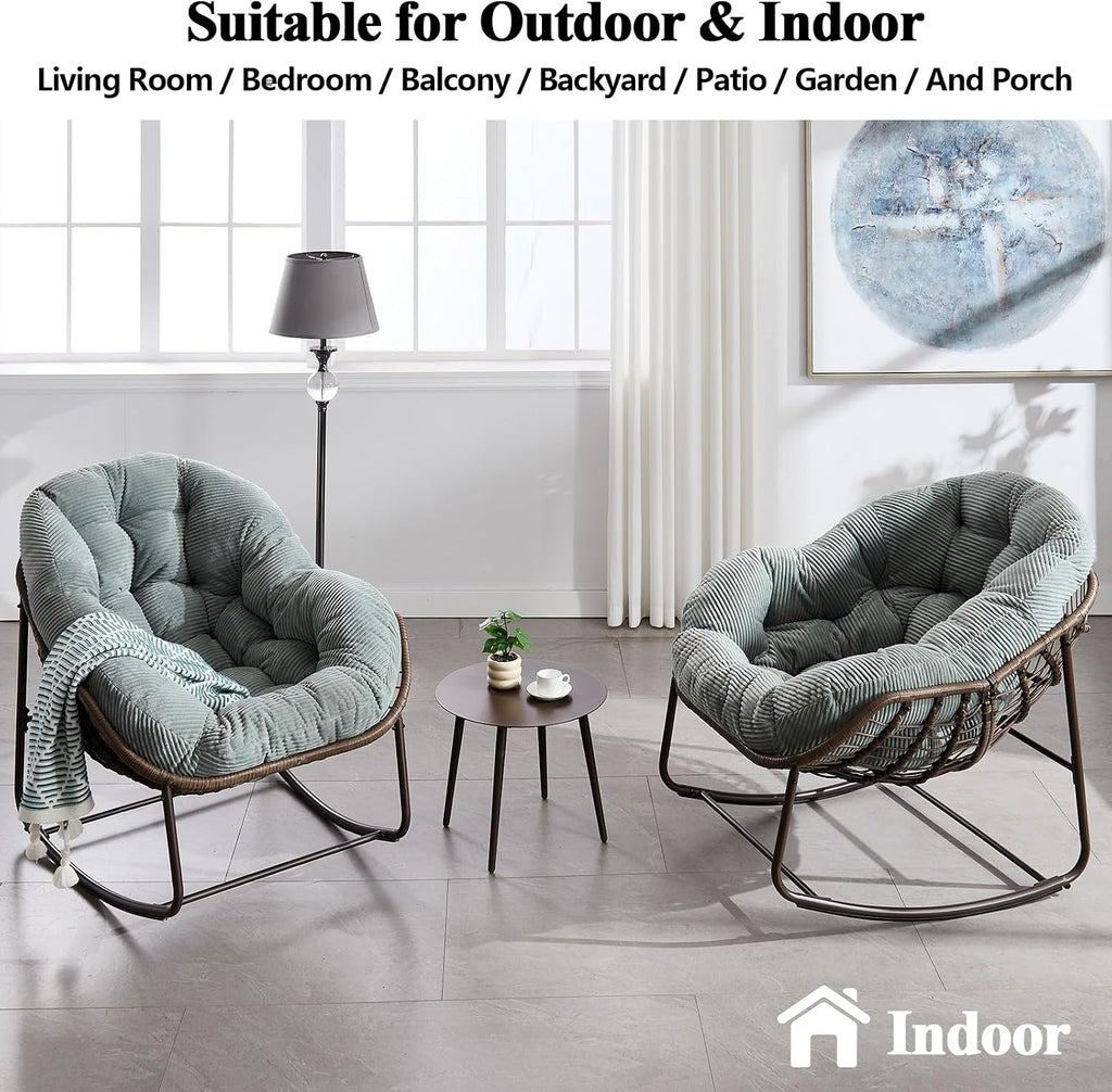 37' Papasan Rocking Chair with Cushion and Steel Frame, Oversized Outdoor Egg Rocking Chair, Rattan Circle Chairs for Grand Patio and Garden (Mint Green)