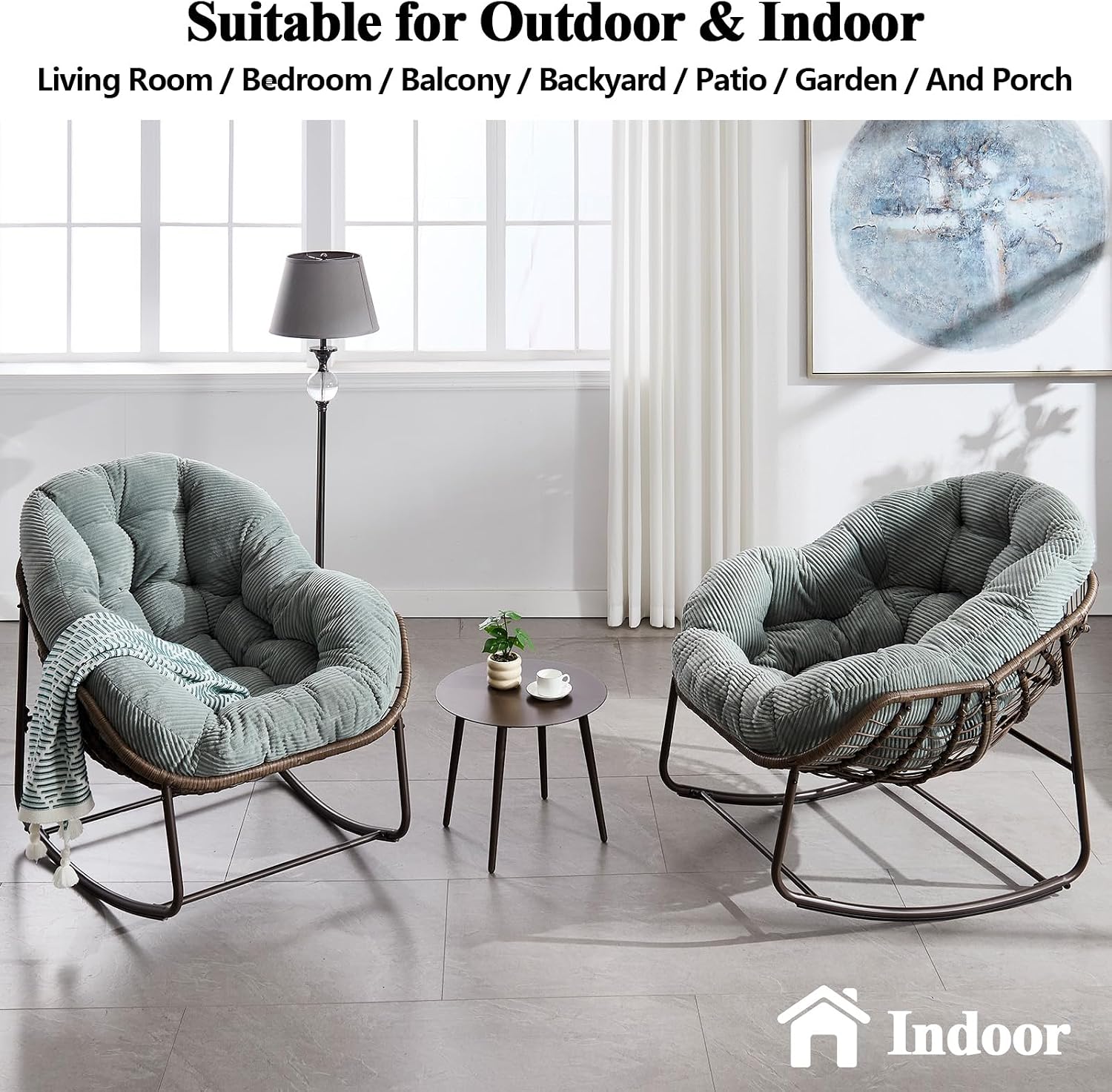 37' Papasan Rocking Chair with Cushion and Steel Frame, Oversized Outdoor Egg Rocking Chair, Rattan Circle Chairs for Grand Patio and Garden (Mint Green)