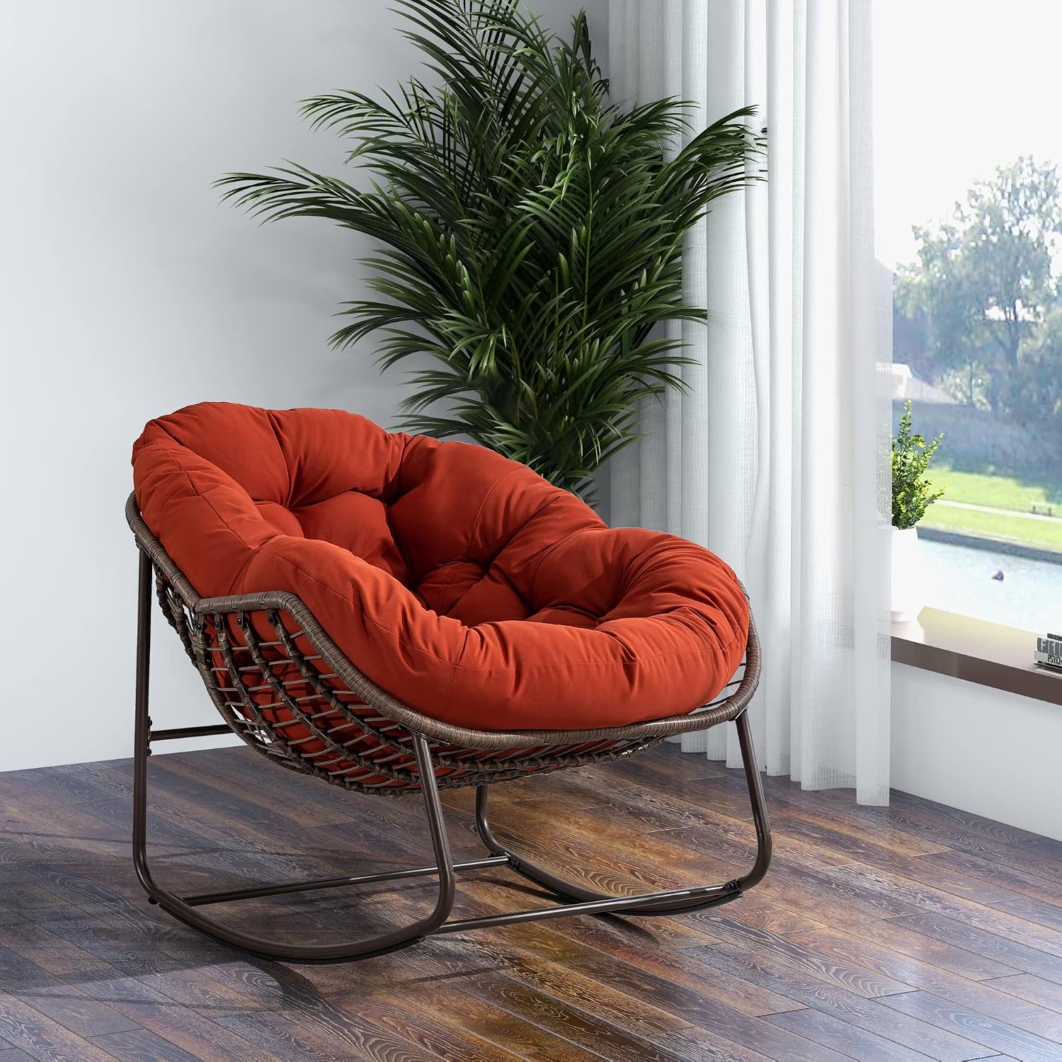 Rattan Rocking Chair for Indoor Outdoor Patio Oversized Wicker Egg Chair with Steel Frame Olefin Padded Cushion Rocker Recliner Chair, Comfy Lounger Papasan Chair for Living Room Porch Garden, Orange