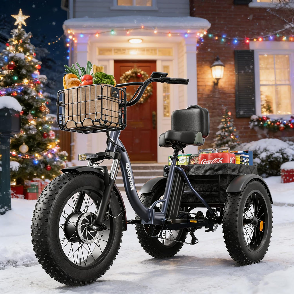 QRONGE Electric Tricycle for Adults 960W Peak, 36V 15AH Battery Ebike 50 Miles Range with Large Rear Basket, Electric Trike 20'*4' Fat Tire, Max 20MPH 3 Wheel Folding Electric Trike for Adults(Lava)