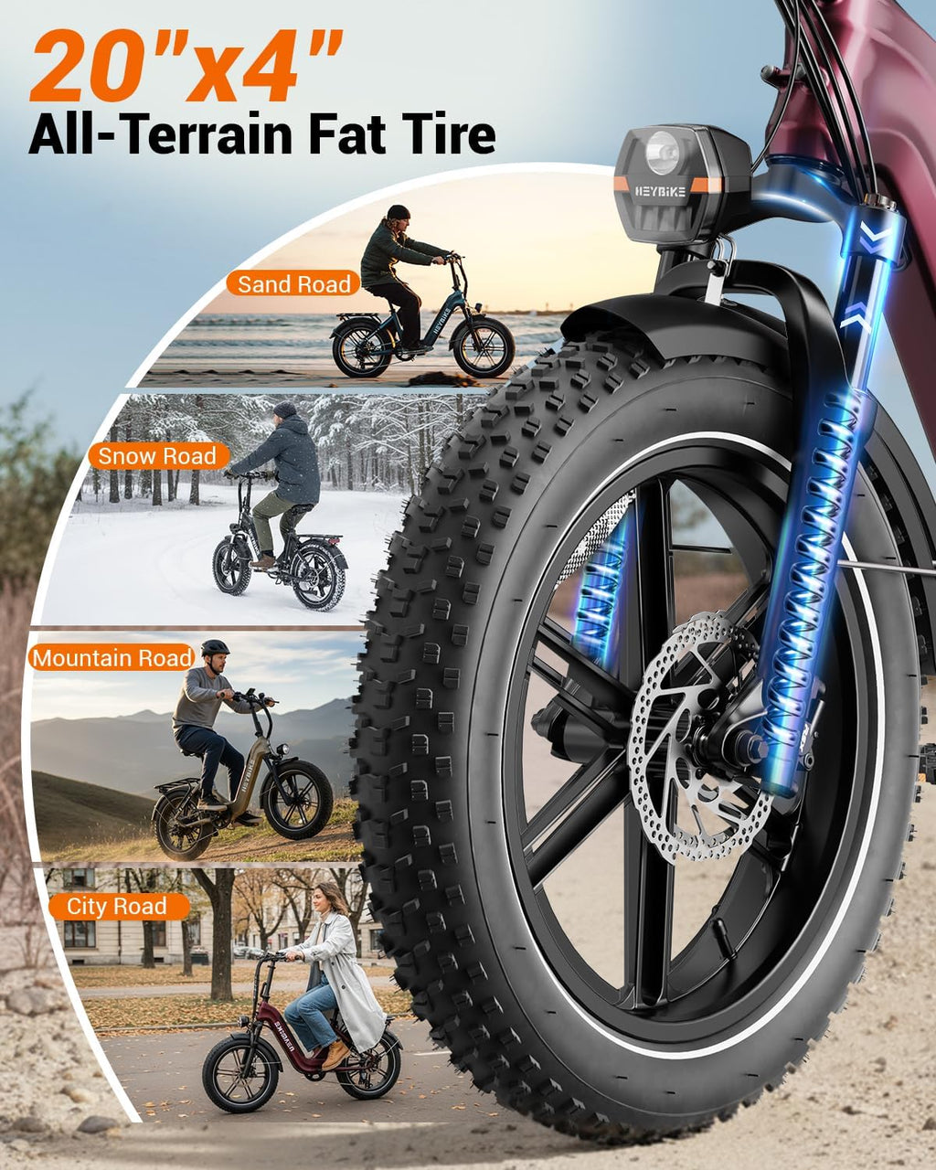 Heybike Ranger Foldable Electric Bike for Adults, 1200W/1800W Peak Motor, 28/32MPH E Bike, 55/90 Miles Range, 20'x4.0' Fat Tire Ebike with Removable Battery, Hydraulic Brakes for Snow, Beach,Commuting