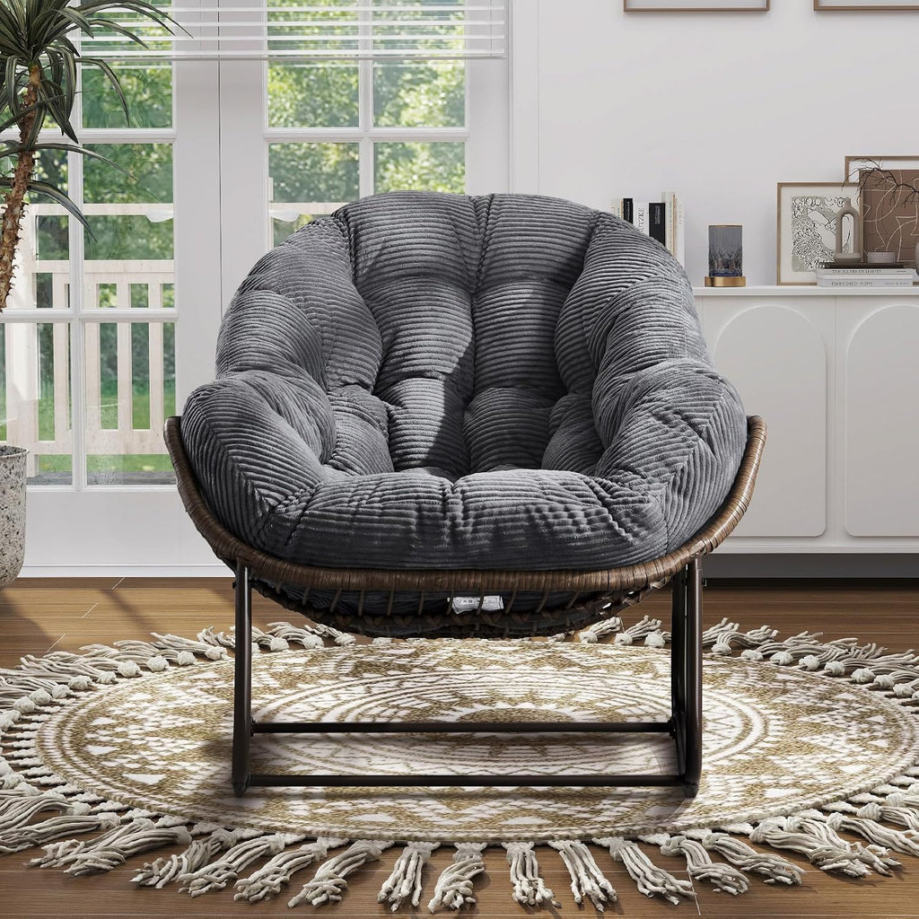 Oversized Indoor Rocking Chair, Comfy Corduroy Rocking Papasan Chair with Thick Cushion and Frame, Large Wicker Rocker Egg Chair Reading Chair for Living Room, Bedroom, Lounge,Balcony,Grey