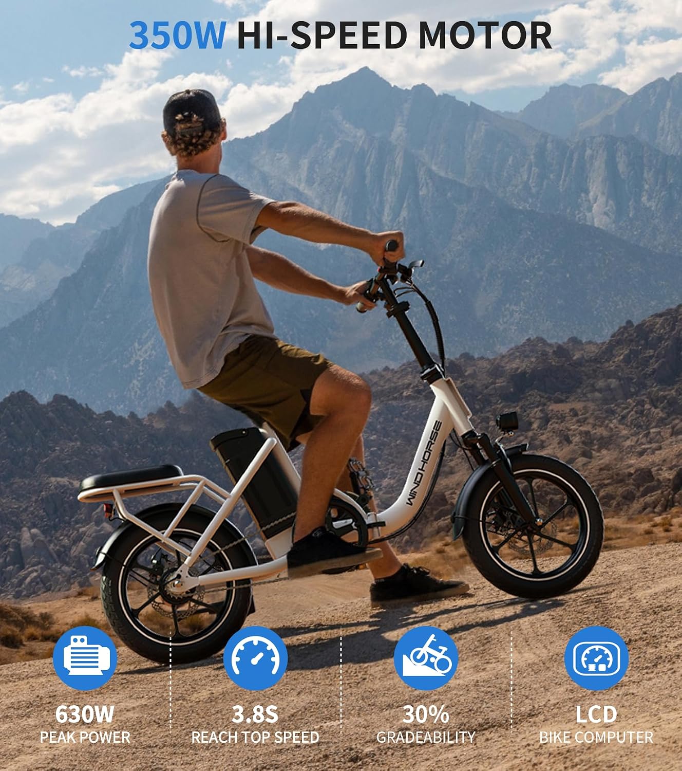WINDHORSE 16' Folding Electric Bike for Adults, 630W Peak Motor, 20MPH, 19–35 Miles Pedal Assist Range, LCD Display, Dual Disc Brakes, Removable Battery