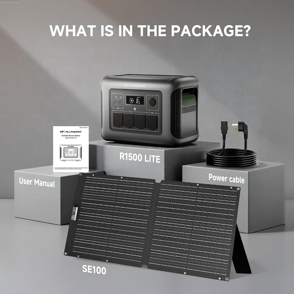 ALLPOWERS Solar Generator R1500 LITE with 100W Foldable Solar Panel,1056Wh Portable Power Station LiFePO4 (LFP) Battery,1600W AC/100W USB-C Output for Outdoor Camping,Travel,Hunting,and Power Outages